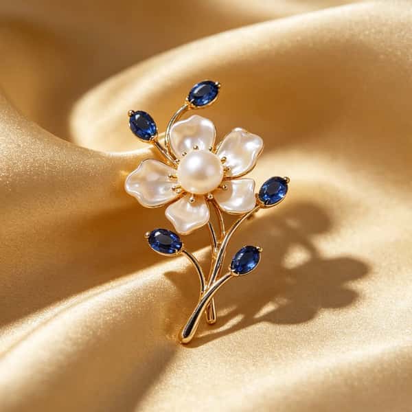 Sapphire & Pearl Floral Cluster Brooch